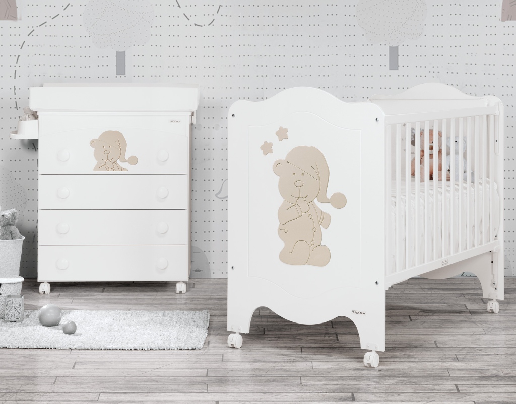 Dětská postýlka Trama SLEEPY BEAR White/Silver 60 x 120 cm